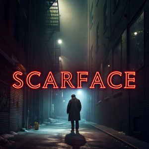 Movie poster for Scarface. Dark alleyway background, neon signs cast shadows