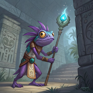 Illustration of a Murloc Shaman from Hearthstone. Purple skin, large eyes, wielding a magical staff. Standing in front of an ancient temple.
