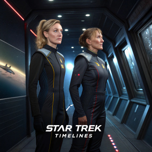 Imogen Poots and Toni Collette in futuristic Star Trek attire. Diverse characters in starship corridor. Dark, sleek walls with glowing lights. Fighter jet and distant planet visible through window. Star Trek Timelines logo at bottom.