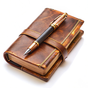 A Vintage leather journal with fountain pen on white backgournd