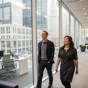 Mark Zuckerberg and Priscilla Chan stroll through a modern office. The room features sleek furniture and glass walls. Background: large windows with a view of the cityscape.