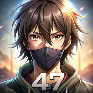 Personaje de anime serio tipo lider con pelo medio largo con mascara que en el logo diga ¡47