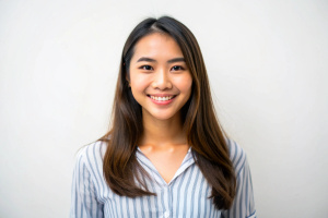 Image of happy young Thai lady standing isolated over White background. Looking camera pointing.