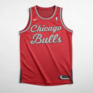 Chicago Bulls jersey, featuring 'Chicago Bulls' in bold cursive font. Red color, gray team logo. Made from breathable, lightweight fabric with mesh design. Ideal for athletic wear with slim fit.
