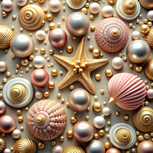 Pattern Seamless, Vector, Vintage Old Soft Colors, Shade Pink, Abstract Hand-Draw, Beach, Sand, Starfish, Sea Shells and Golden Pearls. Realistic