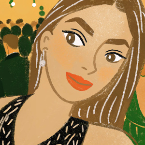 Close-up portrait of Chantel Jeffries. She's wearing a sleek black dress with intricate detailing. The blurry background suggests a bustling event or party.
