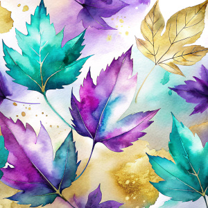 purple, turquoise and golden different leaves on white background