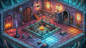 scary strange horror room in 2d game in isometric view