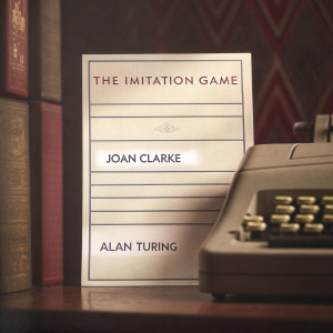 A scene from The Imitation Game. Script page featuring dialogue between Joan Clarke and Alan Turing. Formal script format with clear character separation. Black and white.