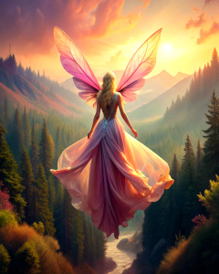 a translucent fairy, with big fairy pink and gold fairy wings, wearing a long silver diaphanous dress, flying through a wild forest towards the mountains and the sun