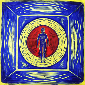 circulo rojo dentro de un rectangulo de color azul, y una figura humana la esta cambiando