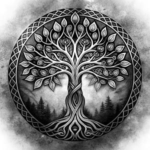 Nordic yggdrasil –  high-definition design grey and black, realistic tattoo design, white background