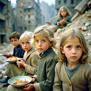 caucasian blonde children with sad face in a city destroyed by war searching for food in the rubble