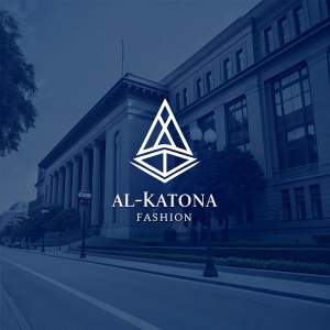 Elegant logo design for Al-Katona Fashion. A minimalist geometric shape in white against dark blue background. Text 'Al-Katona Fashion' in sleek black font below.