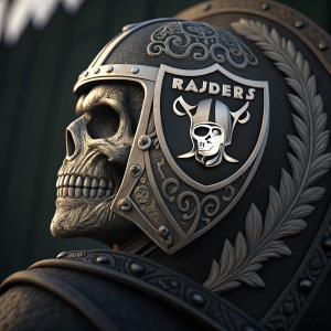 Detailed emblem of the Oakland Raiders. Close-up shot. The skull logo with intricate designs. Dark background