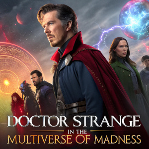 A promotional image for 'Doctor Strange in the Multiverse of Madness'. Featuring Benedict Cumberbatch as Doctor Strange alongside an ensemble cast of Marvel heroes. Vibrant, CGI-created backdrop with cosmic elements.