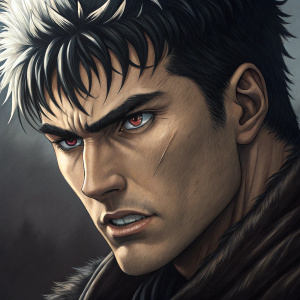 Close-up portrait of Guts from Berserk. Dark, intense stare. Piercing teeth visible. Mixed black and white hair.