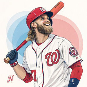 Illustration of Bryce Harper, baseball player, wearing team jersey. Cartoon-style artwork, vivid colors