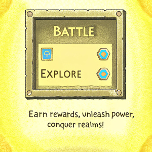 An engaging screenshot from Hearthstone. The screen features a glowing blue border with intricate details. Within, a vibrant purple background sets the stage for gold icons and playful text like 'Battle', 'Explore', and 'Earn rewards, Unleash power, Conquer realms!' The design evokes a magical realm.