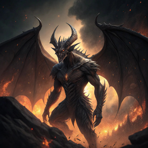 A detailed 3D render of a dark, menacing creature from the video game Final Fantasy XV. It has sharp horns, a muscular build, and large, outstretched wings that suggest it can fly. The background is fiery and dark, creating an ominous atmosphere.