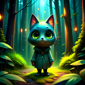 A ray of light in the forest illuminates the figure of a cat in a raincoat, who greets the viewer with his right paw raised up.