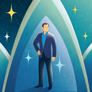 Christian Slater at the Star Trek convention. Wearing a dark suit and blue shirt, posing in front of the iconic Star Trek logo. Even lighting, dark background.