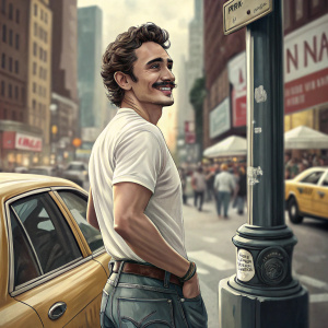 James Franco, with a charming smile and mustache, standing by a busy street corner. He wears a casual white t-shirt and jeans. The vibrant cityscape is blurred in the background.