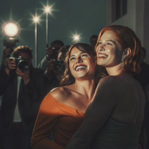 Amy Adams and Aviana Olea Le Gallo celebrating at a star-studded Hollywood event. Bright lights and cheering crowd in the background.