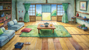 crayon kids anime ghibli japanese messy apartment living room kotatsu