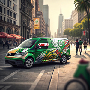 A Castrol-branded van parked in a bustling urban street. The vehicle sports vibrant green and graphic design elements, prominently featuring the Castrol logo.