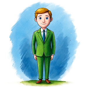 40 years old male teacher in suit, as a drawing for a cartoon, on a white background, whole body 