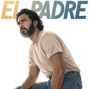 Illustration of a serious looking Hispanic man with a full beard and strong jawline. He's wearing a simple t-shirt and jeans. The background is a bright white, with the words 'El Padre' written in bold, blocky letters above him.