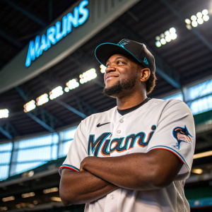 Jesus Sanchez, baseball player, posing confidently indoors. Focused gaze, slight smile. Wearing Miami Marlins jersey and cap. Brightly lit stadium with team branding
