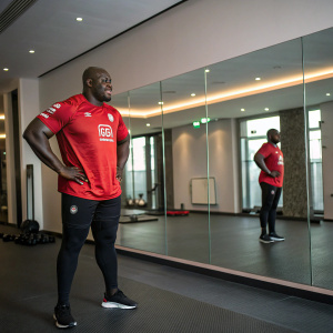 Adebayo Akinfenwa, standing in a modern, sleek indoor gym. Wearing a red jersey with sponsor logos, posing confidently in front of a full-length mirror.
