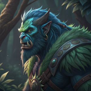 Illustration of Reignbro the Brute. Beastly character with blue and green tones. Detailed facial hair, fierce expression. Dark background, dynamic stance.