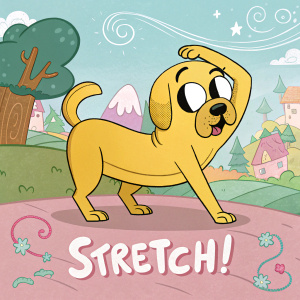 Jake, the dog from Adventure Time, is in a playful stretch pose. Cartoon background with the word 'Stretch!' at the bottom.