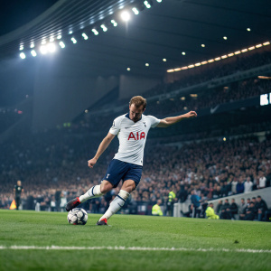 AIA logo on Tottenham Hotspur soccer jersey. Player taking a penalty kick in a packed stadium.