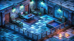3D horror game, empty police room in isometric view, appocalipse, resident evil