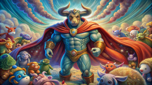 A peaceful Taurus superhero, cape billowing gently, protecting their stuffed animals.