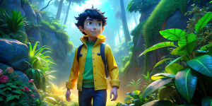 Una jungla oscura. Un joven, pelo negro, ojos azules, campera amarilla, mochila negra, pantalón largo blanco, caminando contento. Disney Pixar 3d