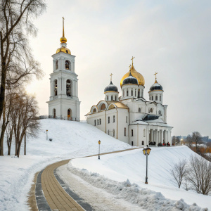 St. Demetrius Cathedral, a grand architectural marvel in Dmitrov Kremlin, Russia. The white building with gold domes and towering bell tower stands on a snowy hill. A path winds through the snow-covered area leading up to the cathedral.