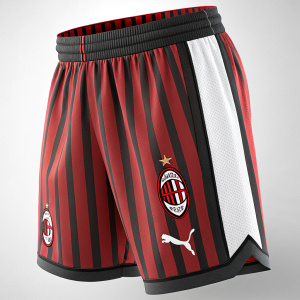 High-resolution image showcasing AC Milan's official soccer shorts. Striped design with Puma logo and Milan crest.