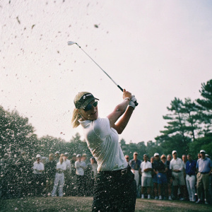Jessica Korda, blonde golfer, making a powerful swing on the golf course. White polo shirt, baseball cap, and sunglasses. Crowded background of spectators