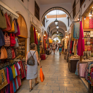 A bustling indoor market in Granada, Spain. Alcaiceria shop teems with colorful bags, clothing, and accessories. A woman in a casual striped dress and shoulder bag navigates through the narrow alleyway. Stalls lined with vibrant displays, lively atmosphere.