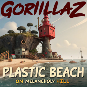 A promotional poster for Gorillaz's 'Plastic Beach' album. Digital artwork featuring a surreal beachscape with a massive, crimson, geometric tower emerging from the sea. Surrounding it are various quirky objects and smaller structures. The text 'Plastic Beach' and 'On Melancholy Hill' are prominently displayed in playful fonts. The scene is a vivid mix of creativity and whimsy.