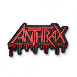 Anthrax band logo, featuring angular red and black text 'Anthrax', with a dripping design effect, on a patch.