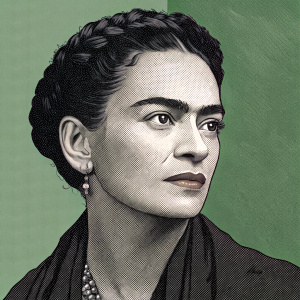 Digital portrait of Frida Kahlo. Pixel art style. Dark shades of grey and black. Subtle green background.