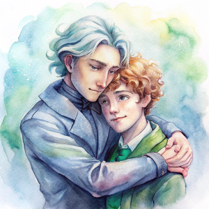 A young man Albus Dumbledore hugs a young man Gellert Grindelwald