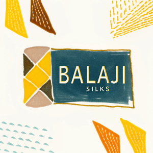 Balaji Silks, luxury saree brand, modern logo design. Geometric shapes and 'Balaji' in bold font on dark background.