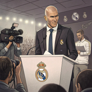 Zinedine Zidane, bald, standing at a podium, addressing media. Real Madrid logo prominently displayed. Press conference atmosphere